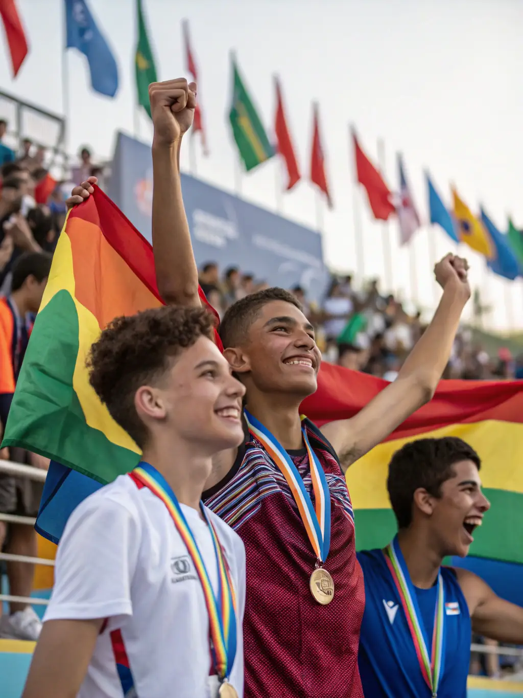A celebratory photo of athletes of all ages and abilities receiving medals at an inclusive multi-sport event, with joyful expressions and supportive spectators in the background. This image will showcase the promotion of Olympic values and fair play.