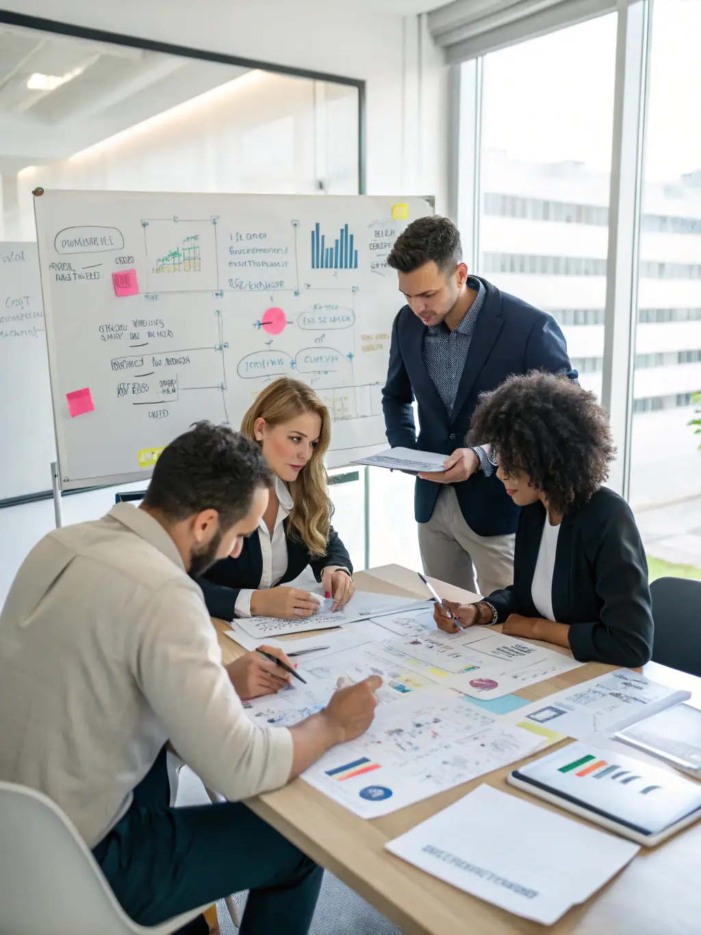 An inspiring image of volunteers and staff collaborating with local government officials in a meeting room, reviewing sports development plans and resource allocation charts. This image will be used to represent the organization's advocacy and partnership efforts.