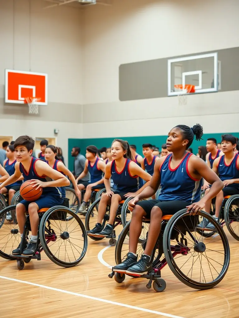 A group of diverse participants, including people with disabilities, engaging in an inclusive sports activity in a gymnasium, with supportive staff present.