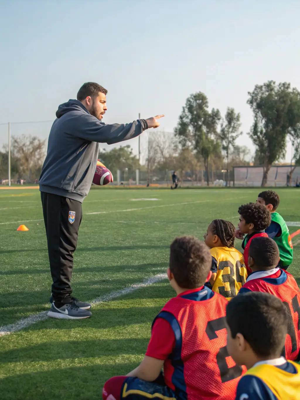 A dynamic photo of a coach leading a group of young athletes in a training session on a modern sports field, with supportive parents watching from the sidelines. This image will highlight the organization's focus on youth engagement and mentorship.
