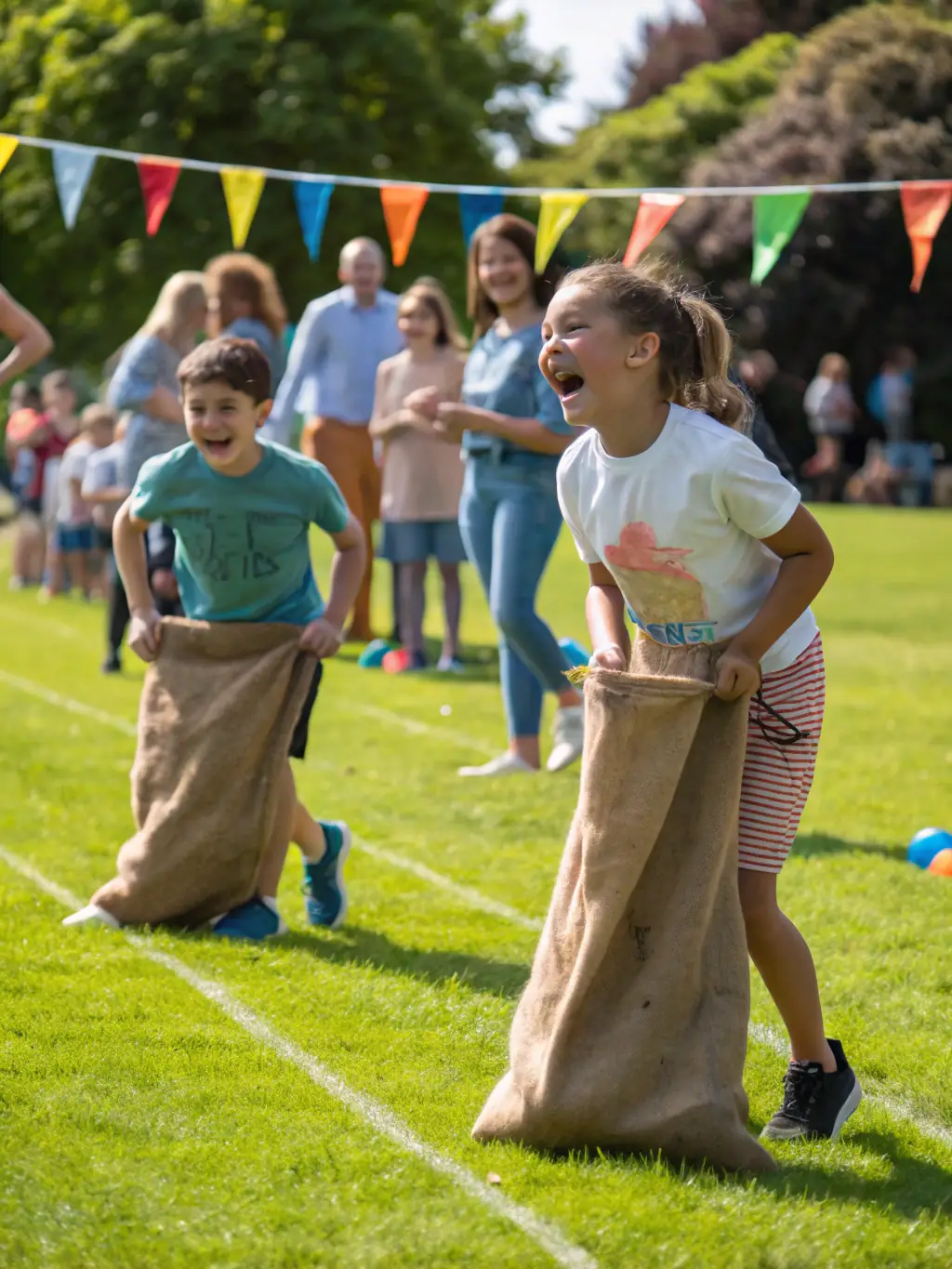 A vibrant photo of children and teenagers participating in a multi-sport day event on a sunny field, with coaches and volunteers encouraging them, representing community sports outreach.