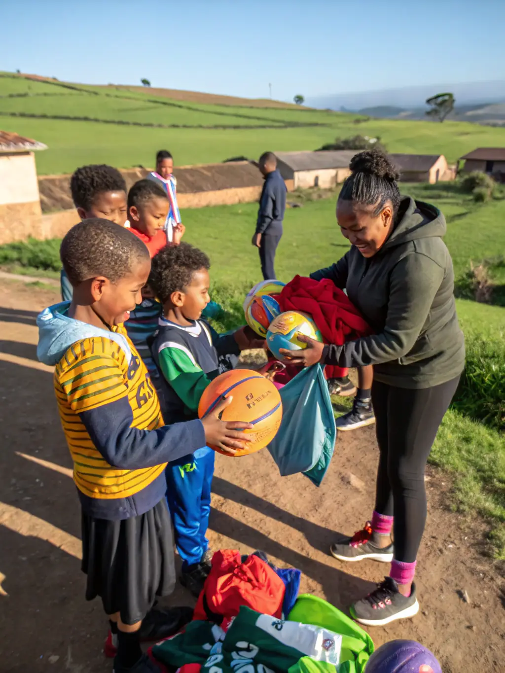 A local sports club receiving new equipment from C.D.O.S. representatives, with smiling athletes and coaches, highlighting support and partnership between the organization and grassroots clubs.