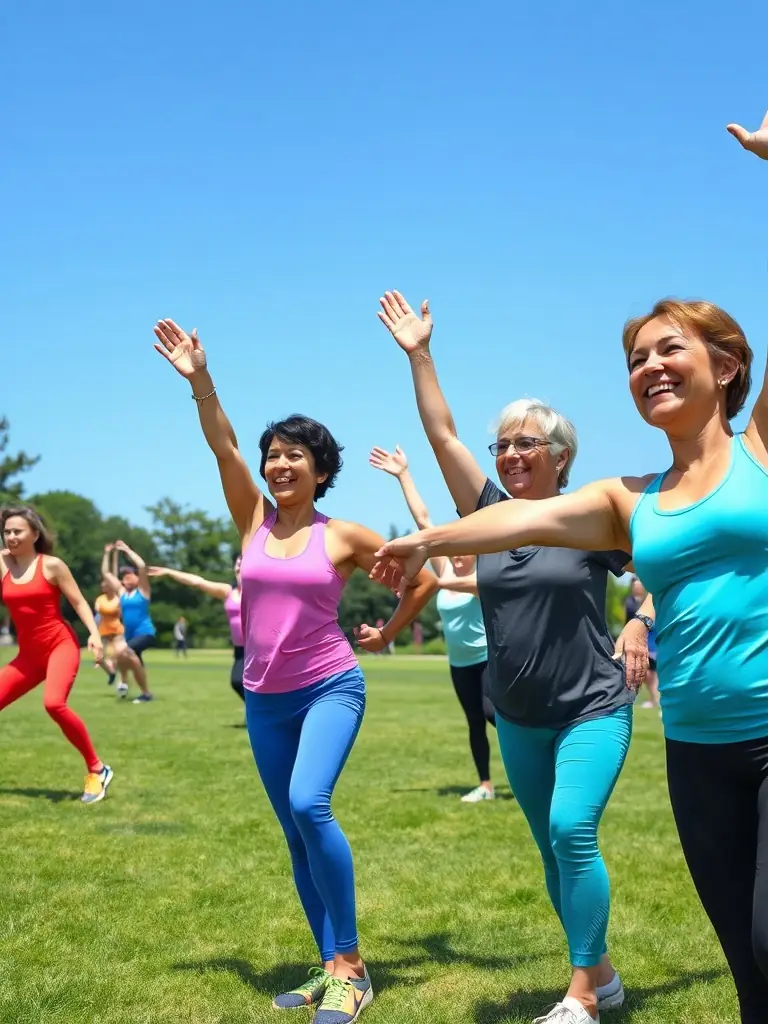 A diverse group of adults and seniors enjoying a community fitness class outdoors in a park, with an instructor leading stretching and aerobic exercises, symbolizing inclusivity and healthy living.
