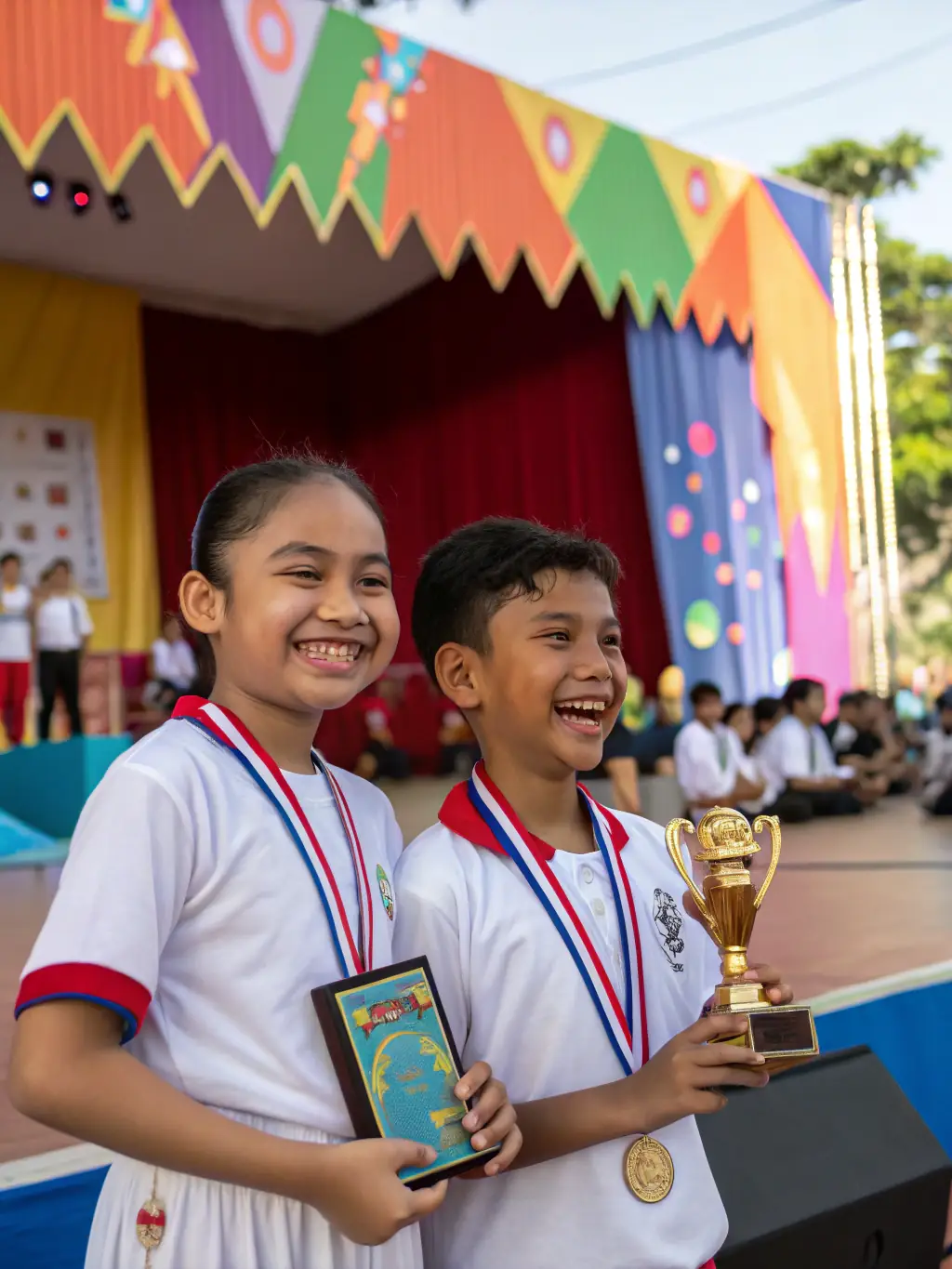 A dynamic image of a group of young athletes, both boys and girls, receiving medals and certificates at an indoor sports facility, celebrating youth achievement.
