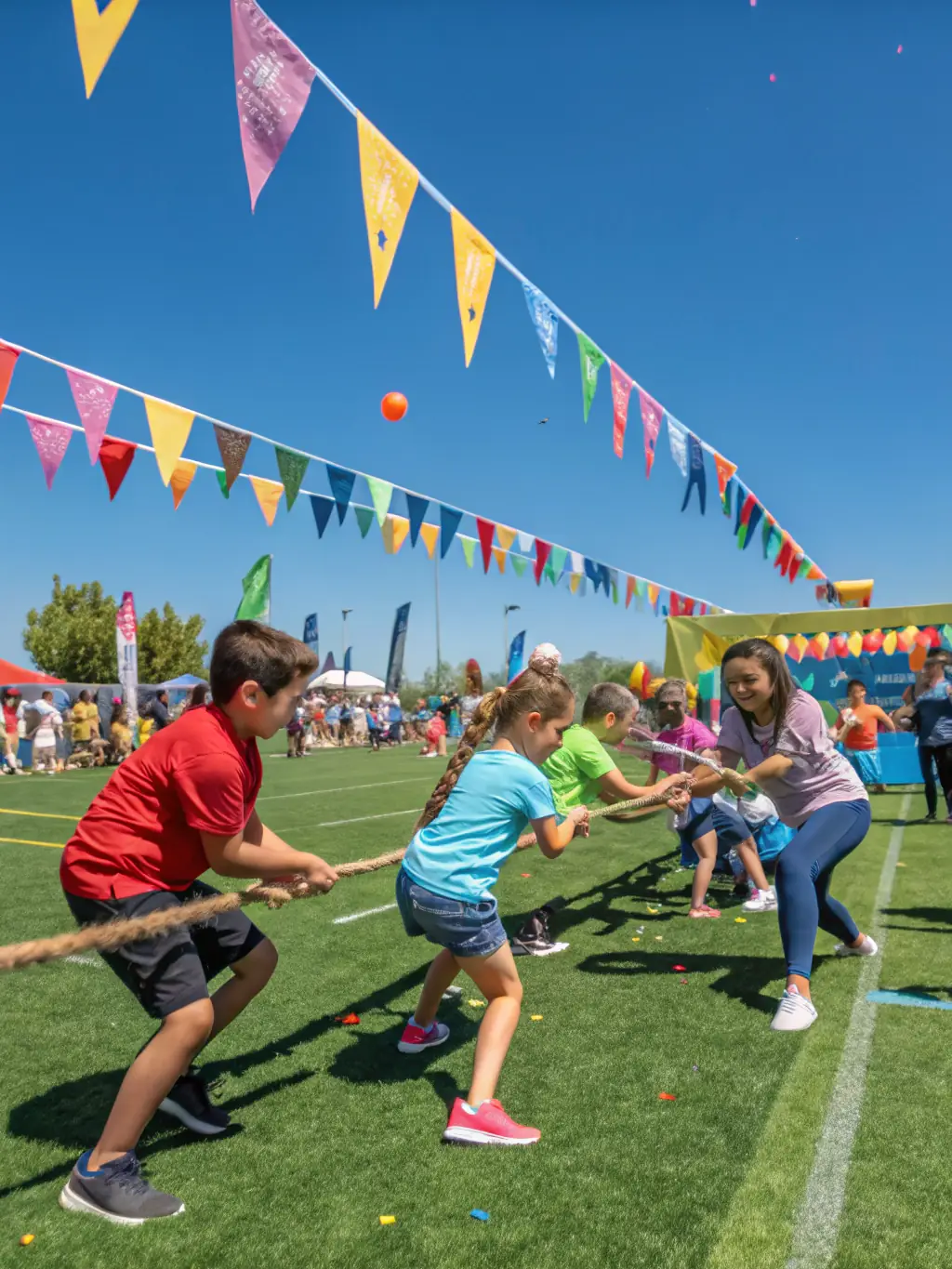A vibrant scene of children and adults from diverse backgrounds participating in a community sports festival on a sunny day, with banners displaying Olympic rings and local club logos. This image will be used to illustrate the organization's commitment to inclusive community sports events.