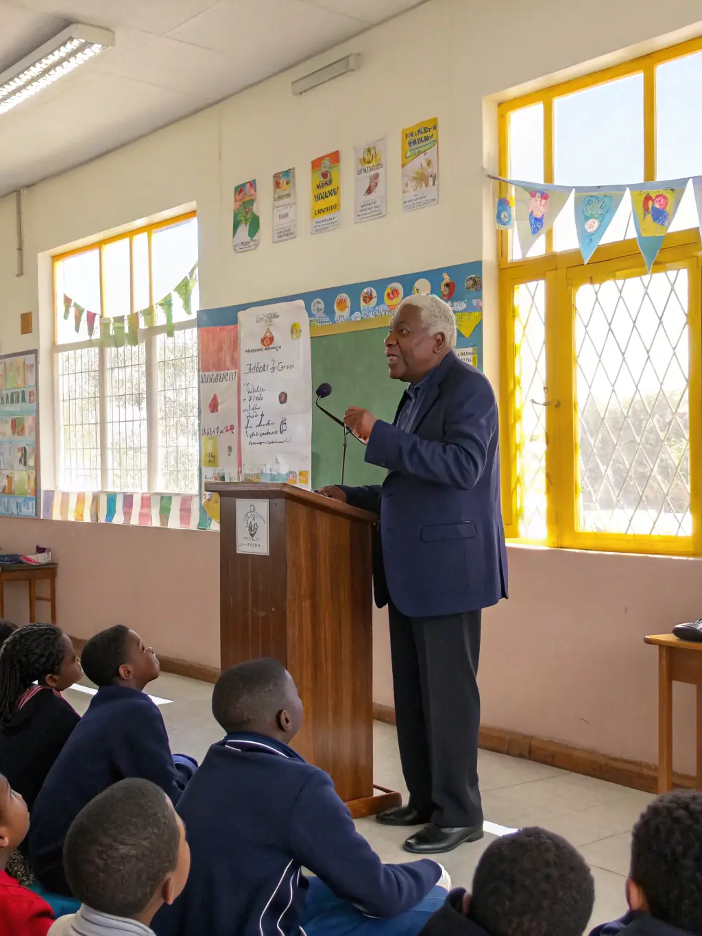 A classroom setting where young athletes are attending an educational seminar on Olympic values, with engaging visuals and interactive discussions led by a passionate speaker.